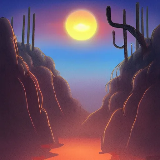 Image similar to sunset in the desert, fantasy art, illustration, animated film, by studio ghibli