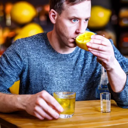 Prompt: a person drinking vodka, with lemon