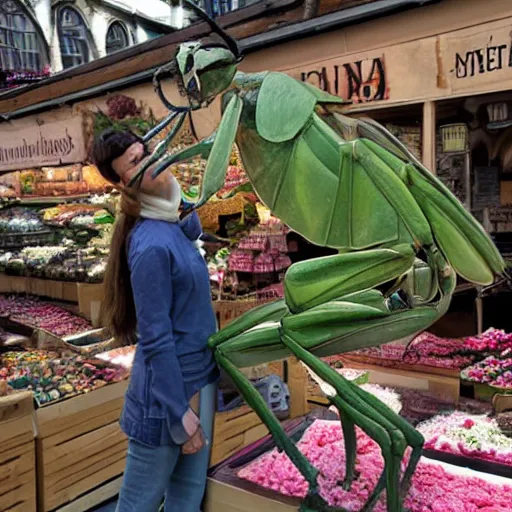 Image similar to Photorealistic human-sized Mantis religiosa shipping in medival street market