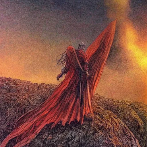 Image similar to 🌄🔥🍂🌨🪐🧙, comic art, alan lee, stan lee, illustration, jrr tolkien