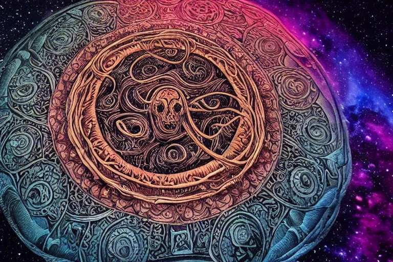 Prompt: a giant mandala of skulls and flesh with deep and intricate rune carvings and twisting lovecraftian tentacles emerging from a space nebula by dan mumford, twirling smoke trails, a twisting vortex of dying galaxies, collapsing stars, digital art, photorealistic, vivid colors, highly detailed, intricate