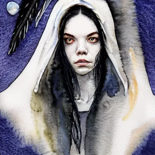 Image similar to full body detailed watercolor illustration of alien jennifer connelly mixed with anya taylor - joy, unsettling, hooded long black feathered cloak, uncanny valley, with black feathers instead of hair, gothic, tim burton, mike mignogna, gray mottled skin, space station - - ar 9 : 1 6