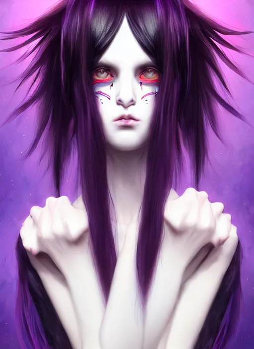 Image similar to hair blackbangs hair, white cyberlox, portrait of normal teenage girl, normal face, black bangs, messy bangs, fluffy bangs, cyberlox, whitebangs, red contact lenses, purple background, intricate, elegant, highly detailed, digital painting, artstation, concept art, sharp focus, smooth, illustration, art by wlop, mars ravelo and greg rutkowski