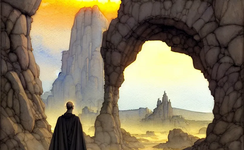 Prompt: a hyperrealist watercolor concept art of a medieval monk in grey robes at sunset looking through a rock arch dimensional portal to an alien world. very muted colors, by rebecca guay, michael kaluta, charles vess. high detail, hq, wide shot, 4 k