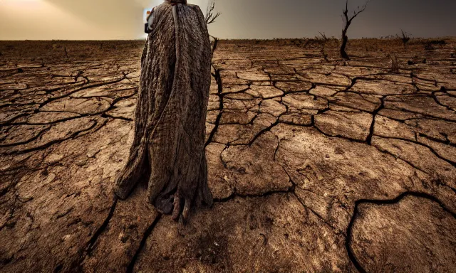 Image similar to medium shot of a nondescript crying ancient dried up Danu, peaceful, facing the camera and standing in front of a dried up river in a desolate land, dead trees, blue sky, hot and sunny, highly-detailed, elegant, dramatic lighting, artstation, 4k, cinematic landscape, photograph by Elisabeth Gadd