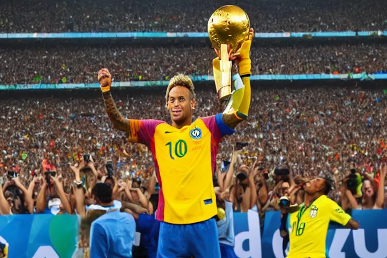 Prompt: neymar jr lifting the world cup, cinematic, dramatic, color grading, photojournalism, colorful, highly detailed