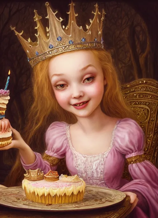 Image similar to highly detailed closeup portrait of a grinning fairytale medieval princess eating birthday cake, unreal engine, nicoletta ceccoli, mark ryden, lostfish, earl norem, global illumination, god rays, detailed and intricate environment