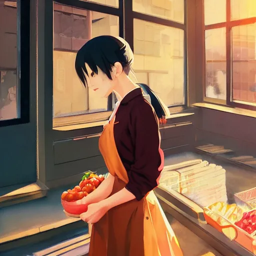 Image similar to a photography of a woman Grocer with frock,looks like Ziyi Zhang ponytail, grocery store around，winter,anime style character, clean soft lighting, backlit beautiful face, Oil painting, by Ilya Kuvshinov, Greg Rutkowski and Makoto Shinkai