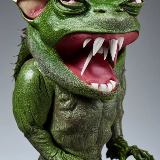 Image similar to portrait of a gremlin. Green skin, pointy nose and evil grin. Detailed face. Photo 8K.