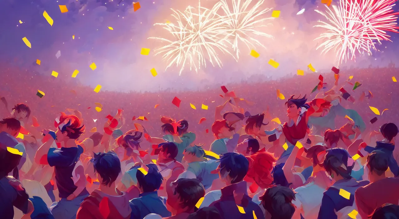 Prompt: celebration in a sports stadium with confetti and fireworks, in marble incrusted of legends heartstone official fanart behance hd by jesper ejsing, by rhads, makoto shinkai and lois van baarle, ilya kuvshinov, rossdraws global illumination