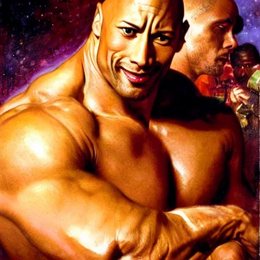 Image similar to muscular dwayne the rock johnson wears leather and drinks martinis at a celestial dance club and falls in love with the handsome god jupiter, painting by gaston bussiere, craig mullins, j. c. leyendecker, tom of finland