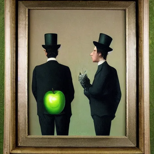 Prompt: Victorian gentlemen wearing a bowler hat behind the green apple, by magritte and beksinski