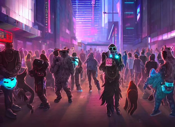 Image similar to high - resolution photograph from a cyberpunk era furry fandom convention ( midwest furfest 2 0 4 7 ), taking place after the genetic revolution and quantum singularity. photorealistic.