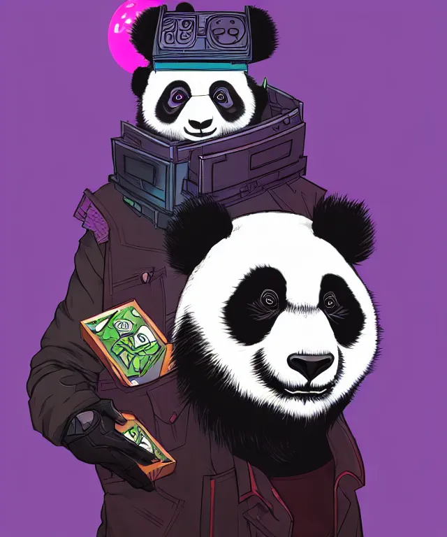 Prompt: a portrait of a cyberpunk panda holding a chinese takeout box, fantasy, elegant, digital painting, artstation, concept art, matte, sharp focus, illustration, art by josan gonzalez