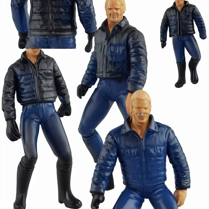 Prompt: a goodsmile figure of steve austin. a small, tight, undersized reflective bright blue round puffer jacket made of nylon. a black shirt underneath. dark jeans pants. a pair of big black rubber boots, figurine, detailed product photo