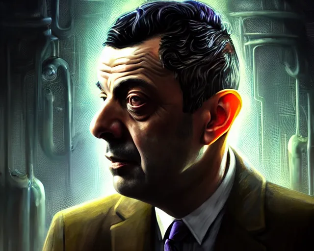 Image similar to lovecraft biopunk portrait of rowan sebastian atkinson, fractal background, au naturel, hyper detailed, digital art, trending in artstation, cinematic lighting, studio quality, smooth render, unreal engine 5 rendered, octane rendered, art style by klimt and nixeu and ian sprigger and wlop and krenz cushart.