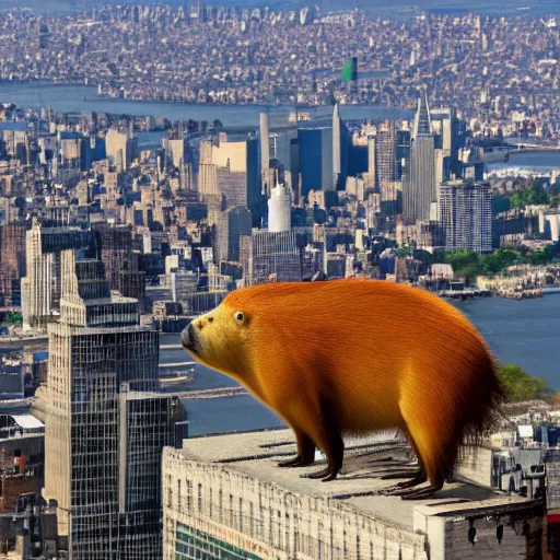 Image similar to An oversized capybara in a crown towering over miniature New York city. Aerial shot