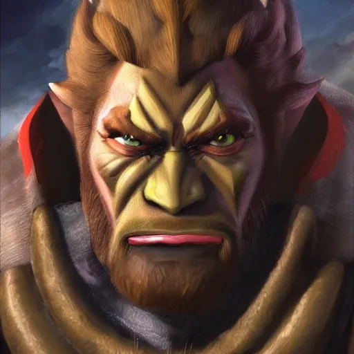 Image similar to An ultra-realistic portrait painting of Ganondorf from The Legend of Zelda in the style of Alex Ross. 4K. Ultra-realistic. Highly detailed. Epic lighting.