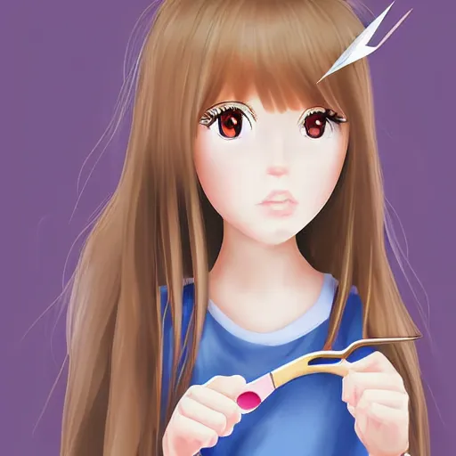 Prompt: portrait of a cute girl holding a scissors, anime digital art,