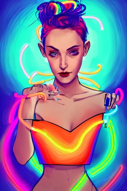 Image similar to a award winning portrait of a beautiful woman with stunning eyes in a one off shoulder croptop and cargo pants with rainbow colored hair, outlined by whirling illuminated neon lines and fine lines swirling in circles by rhads, digital art, trending on artstation