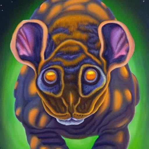 Image similar to painting of a devon rex, cornish rex tardigrade cat glowing in the moonlight looking curious