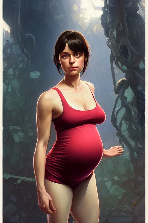 Image similar to pregnant zooey channel in a tight gym tank top, realistic portrait, symmetrical, highly detailed, digital painting, artstation, concept art, smooth, sharp focus, illustration, cinematic lighting, art by artgerm and greg rutkowski and alphonse mucha