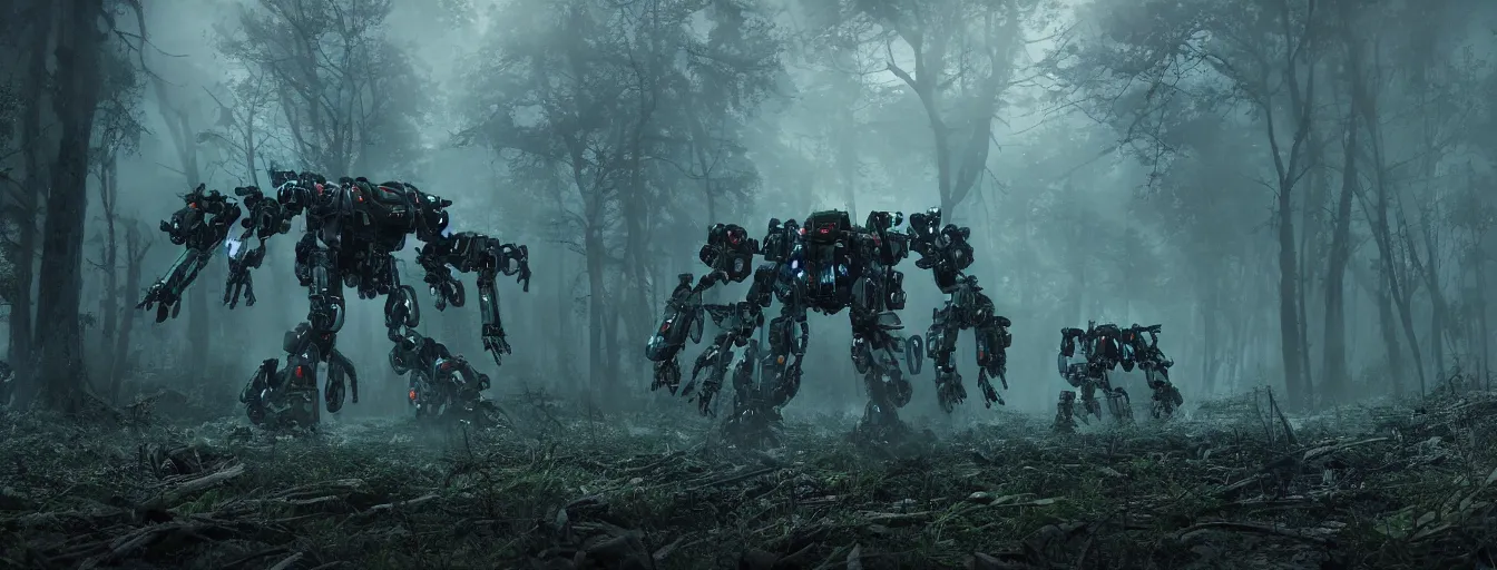 Prompt: image of deep forest, where terrific and creepy gigantic 8 - leg mechwarriors robots with volumetric lights, running and hunting remaining hiding humans, post - apocalyptic style, high detail, dramatic moment, motion blur, ground fog, dark atmosphere, saturated colors, by james paick, render unreal engine - h 7 0 4