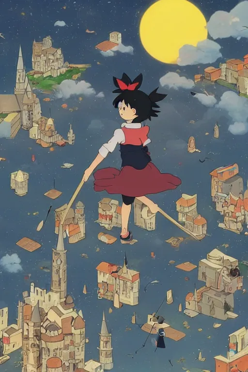 Prompt: Kiki's Delivery Service,A girl on a broomstick flying over the city sky,Medieval Cities ,geometric shapes, hard edges,by studio ghibli