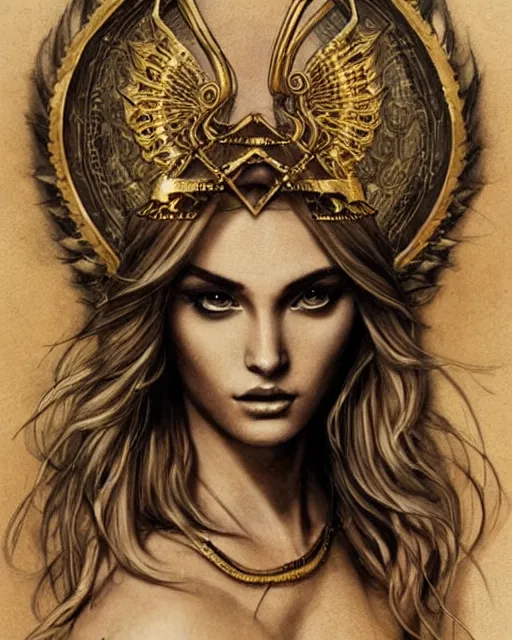 Image similar to tattoo sketch of beautiful super model aphrodite greek goddess wearing a gold laurel wreath and triangle earrings,, beautiful piercing gaze with sharp pupils, beautiful blonde hair, in the style of greg rutkowski, fantasy, amazing detail, epic, elegant, smooth, sharp focus, front view