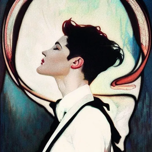 Prompt: alluring portrait of androgynous ruby rose as desire from sandman in a white tuxedo!!!, rockabilly style,, by alphonse mucha, by jeremy mann, by peter lindbergh, dave mckean, by frank moth, white suit and black tie, soft lightning, high detailed, 8 k