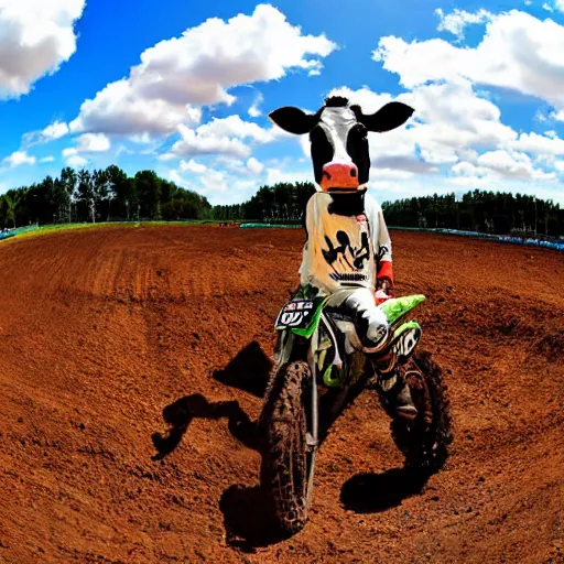 Image similar to a cow standing on a motocross track, fisheye lens