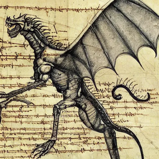 Prompt: extremely detailed anatomy sketch of a dragon with annotations by leonardo da vinci, aged parchment, scientific, technical, blueprint