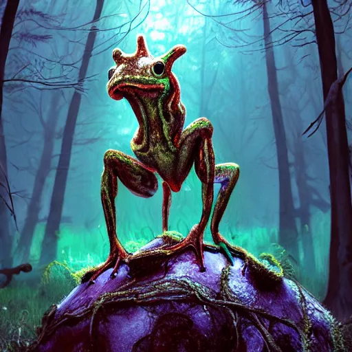 Prompt: the horror in the woods, the world’s greatest drawing of a frog, 4000 meters above the bottom of the ocean, cinematic, hyper realism, high detail, octane render, unreal engine, 8k, vibrant color!, Corpse Bridegroom of the Spring, the gleaming guardian of the meadow!!!, A synthwave horse inspired by Tron!, by dom qwek and andrea chiampo