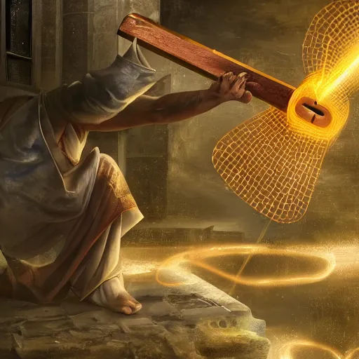 Image similar to ethereal god of artificial intelligence creating the first neural network on anvil with his hammer, realistic shot, high resolution