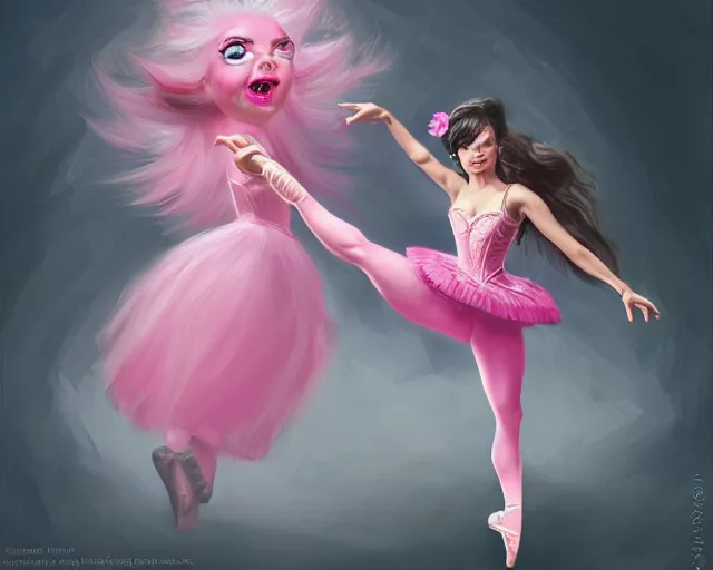 Prompt: photography of jack black dancing in a pink ballerina outfit, full body shot, deep focus, d & d and mtg, fantasy, intricate, elegant, highly detailed, digital painting, artstation, concept art, matte, sharp focus, illustration, hearthstone, art by giger