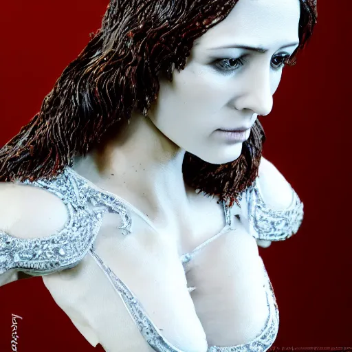 Image similar to photo taken of an epic intricate, ultra detailed, super realistic bust of a majestic gracious regal aristocratic brunette female vampire stop motion puppet created by weta workshop, menacing, some zoomed in shots, photorealistic, sharp focus, white wall, extremely cold blueish colour temperature, 3 5 mm, f 1. 4, golden ratio