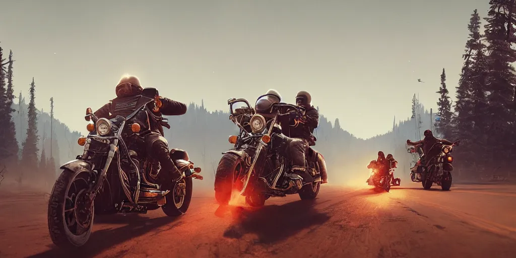 Image similar to american astronaut driving harley davidson motorcycle, tribe members attacking, furious action scene, an epic fantasy, dramatic lighting, cinematic, establishing shot, extremely high detail, photorealistic, cinematic lighting, artstation, octane render, by simon stalenhag, horizon forbidden west