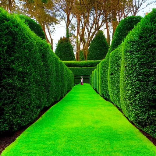 Prompt: Hedge maze with green cloudless sky