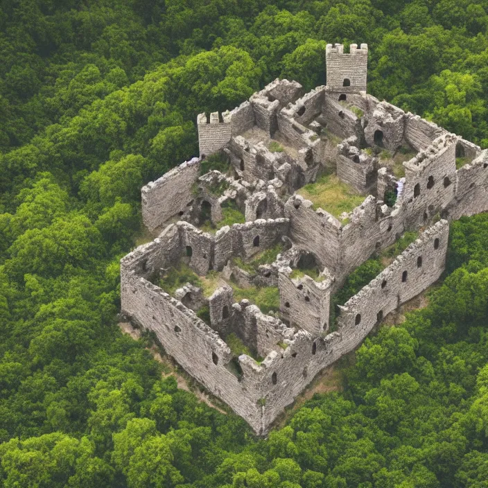 Prompt: aerial view of an ancient castle compound fortress from above in a forest shaped like the punisher symbol isometric detailed