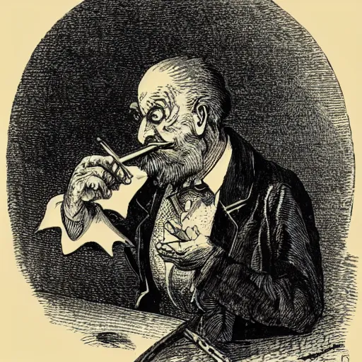 Image similar to a wizard smoking a pipe, high detail, 1 9 th century illustration by john tenniel