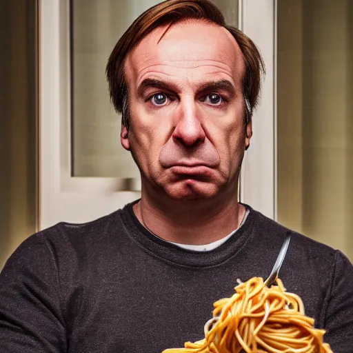 Image similar to saul goodman eating spaghetti, ( sony a 7 r iv, symmetric balance, polarizing filter, photolab, lightroom, 4 k, dolby vision, photography awardm, voque, perfect face )