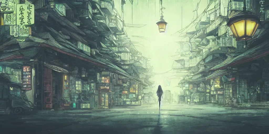 Image similar to anime, incredible wide screenshot, ultrawide, watercolor, paper texture, intricate, very detailed, ghost in the shell movie scene, girl in a dress walking the beautiful forest town, lanterns, wood bridges, night outdoors, fireflies, fog, dust