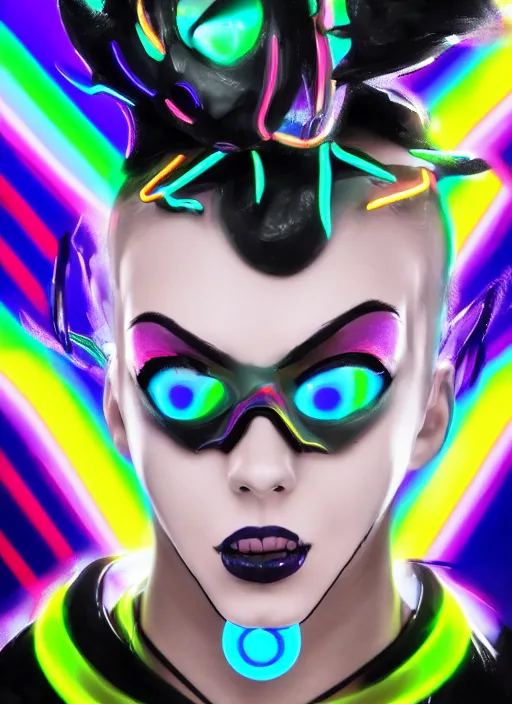 Image similar to full body abstract surreal weird digital drawing portrait of tracer overwatch, confident pose, full body, full body, wearing black jagged iridescent rainbow latex armor, rainbow, neon, 4 k, expressive surprised expression, makeup, wearing large rainbow neon choker, studio lighting, black latex, expressive detailed face and eyes,