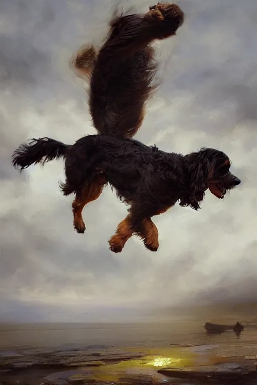 Image similar to beautiful oil painting portrait of ancient bernedoodle dog hovering in the air levitating and ascending in stations of the cross pose, art by anders zorn, wonderful masterpiece by greg rutkowski, expressive brush strokes, beautiful cinematic light, american romanticism by greg manchess, jessica rossier