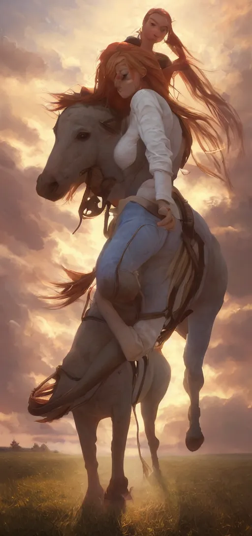 Image similar to southern ginger woman in ripped overalls riding a horse with a white mane, airbrushed, hazy, gentle, soft lighting, wojtek fus, by makoto shinkai and ilya kuvshinov,