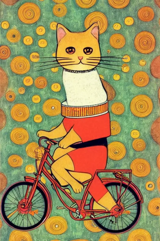 Image similar to a 1 9 5 0 s retro illustration by richard scarry and gustav klimt. a cat riding a bike.. muted colors, detailed