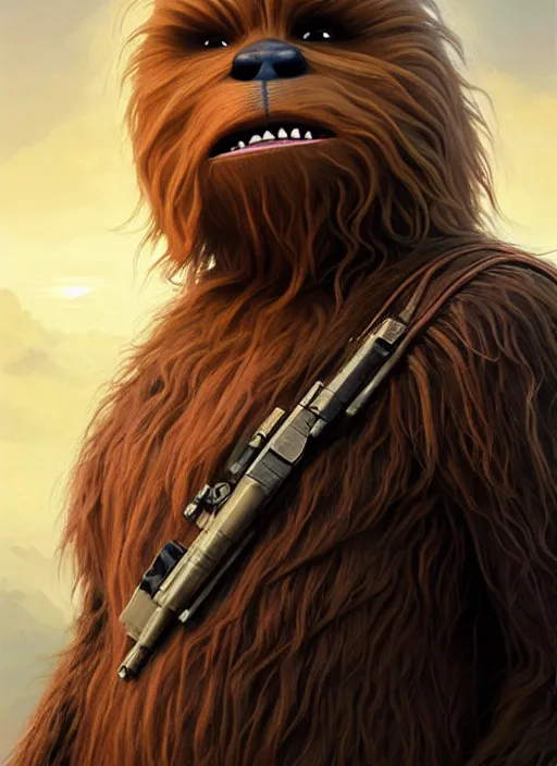Image similar to hyper realistic, zoomed out portrait of a mega derpy big chungus as chewbacca in star wars, stoned, by greg rutkowski, scott m fischer, artgerm, loish, slight glow, atmospheric, anne stokes, alexandros pyromallis