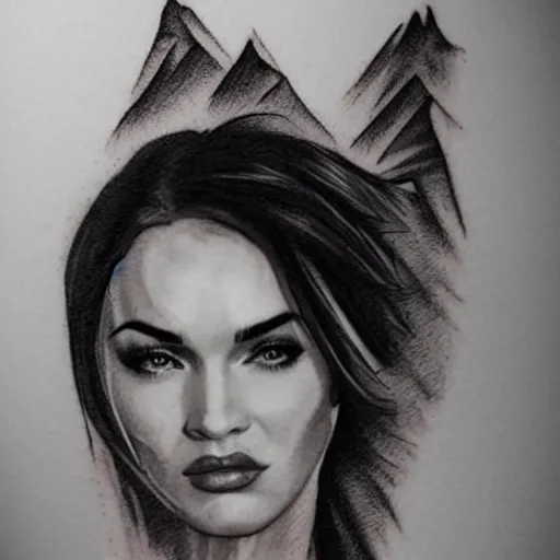 Image similar to megan fox as beautiful mountains, double exposure effect, medium sized tattoo sketch, amazing detail, trending on pinterest, in the style of alon avissar