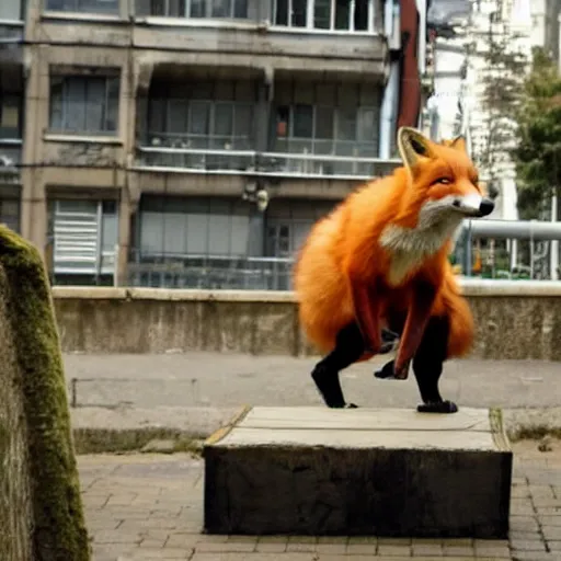 Prompt: An anthropomorphic fox doing parkour in an urban setting populated by anthropomorphic animals.