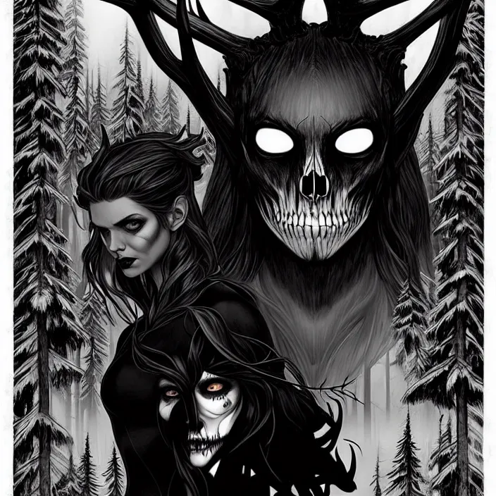 Image similar to style artgerm, joshua middleton, diego fazio, rafael albuquerque : : scary wendigo with antlers and skull face mixed with werewolf : : [ [ beautiful witch wearing a black dress, symmetrical face, on the right side ] ] : : in the forest, detailed, dark and foggy, cinematic lighting